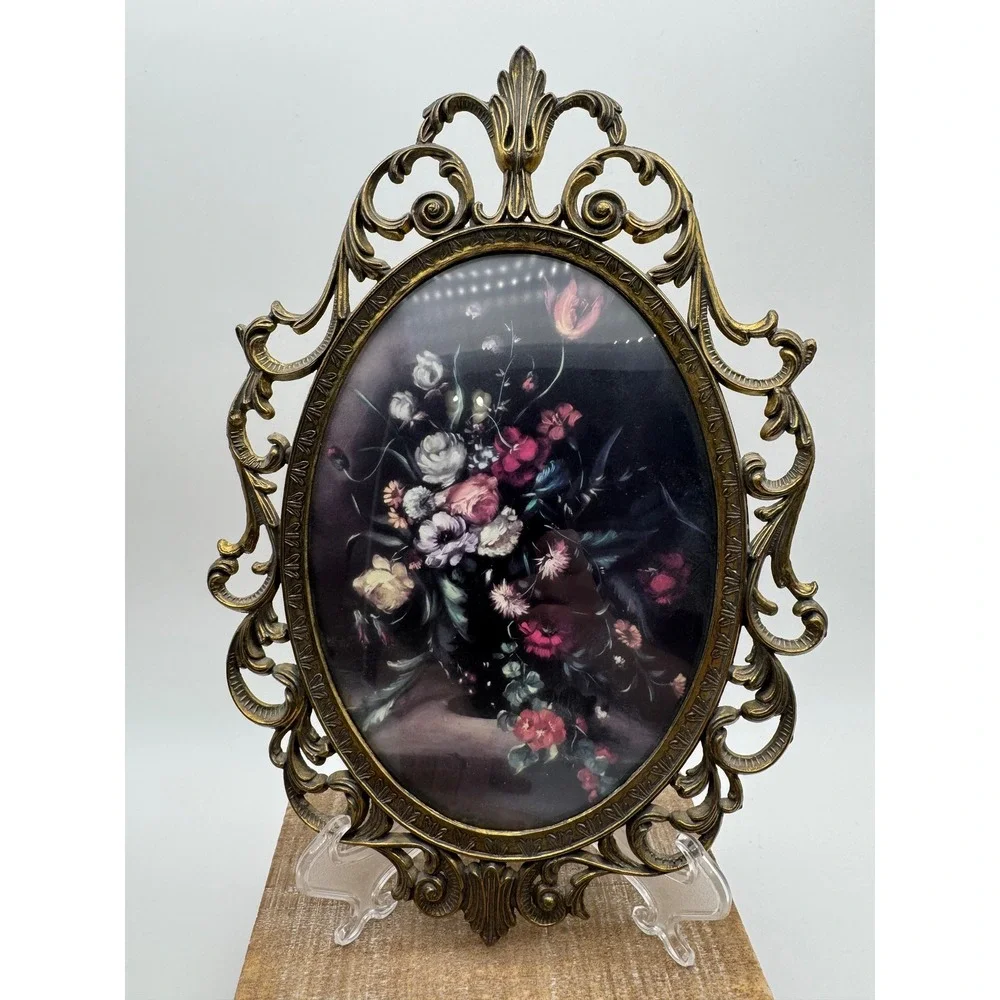 Vintage Italy Brass Ornate Floral Print Oval Frames Convex Glass Set of 2